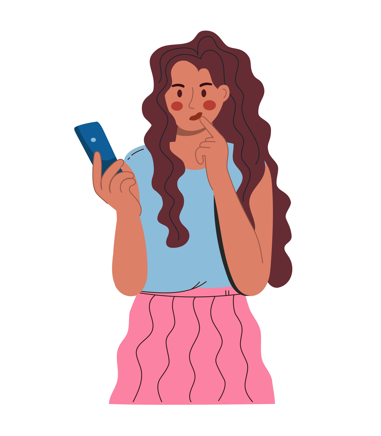 A young beautiful woman looks into a smartphone with a thoughtful face. In a blue blouse and a pink skirt. Vector illustration flat isolated white background